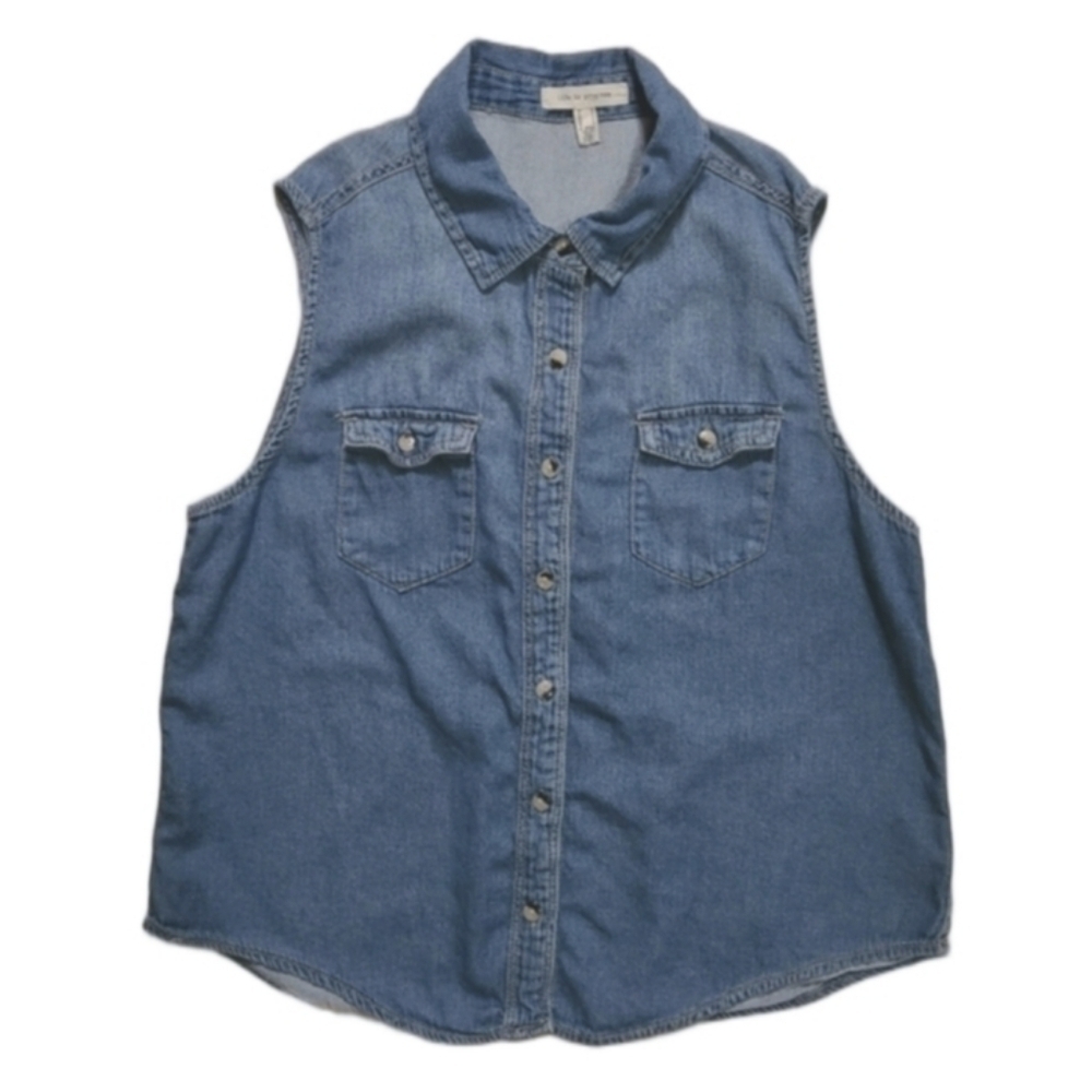 LIFE IN PROGRESS BLUE JEAN CHAMBRAY DENIM BUTTON DOWN SHIRT SLEEVELESS MEDIUM